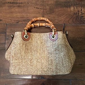 Patricia Nash Natural Woven Twill Handbag Or Shoulder Bag. Wooden Handles.
